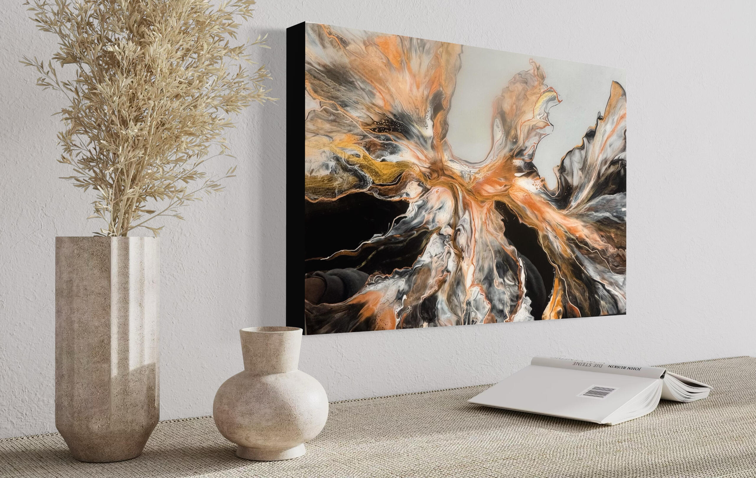 “Phoenix”- This one-of-a-kind piece features a brilliant blend of black, grey, white, gold, and copper, seamlessly intertwined to evoke the dazzling flight of a phoenix rising from the ashes.