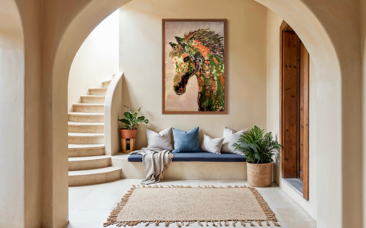 SOLD-“Earth Spirit” - This artwork features a harmonious mix of rich copper and deep green tones, providing a striking contrast that brings the horse to life. Coppers evoke a sense of warmth and vitality, while greens represent nature's tranquility.