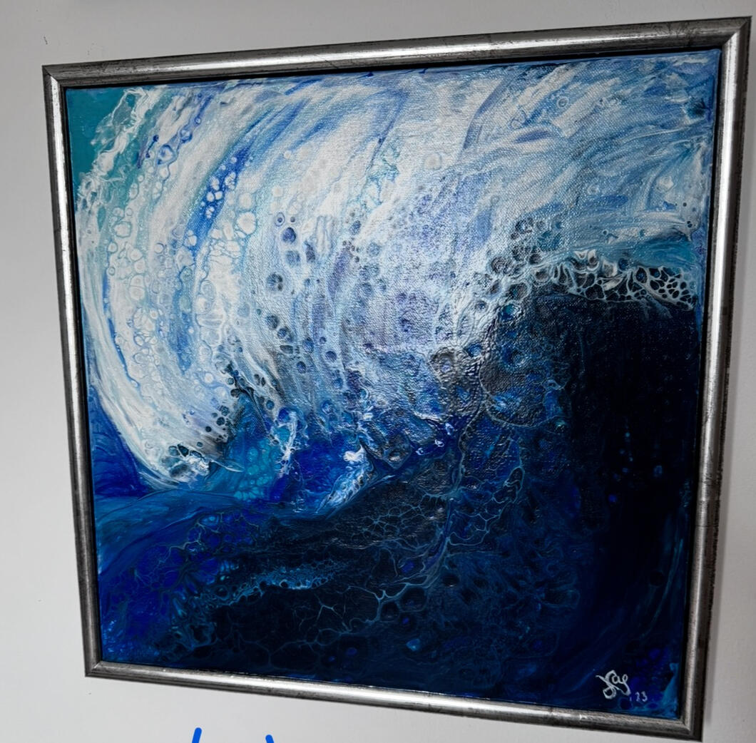“Crashing Wave” - Using innovative fluid acrylic techniques. The swirling patterns and layered textures represent the crashing surf, capturing the exhilarating feeling of being by the ocean’s edge.