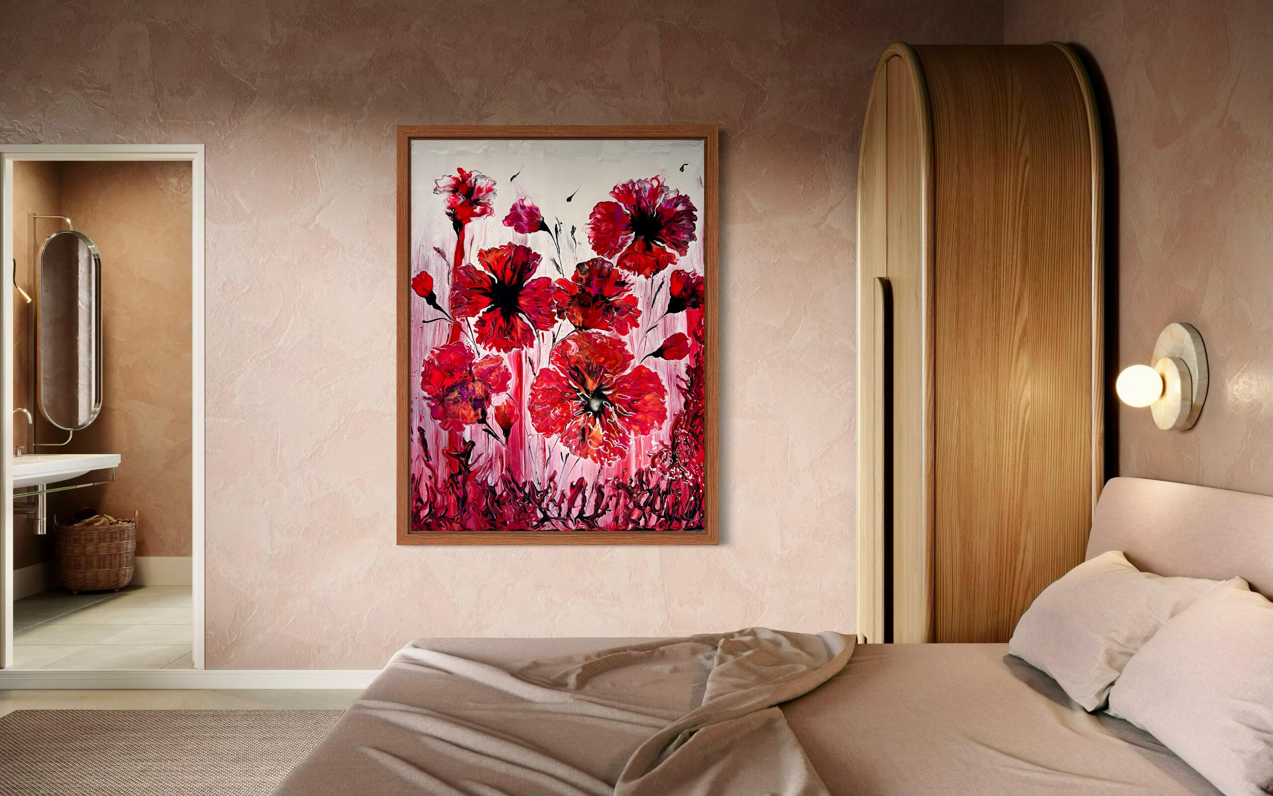 SOLD-“Moments of Memory” - This painting showcases a striking blend of bold reds, with soft white/pink hues capturing the essence of poppies in full bloom. The dynamic colours evoke feelings of warmth and joy, instantly brightening any room it graces