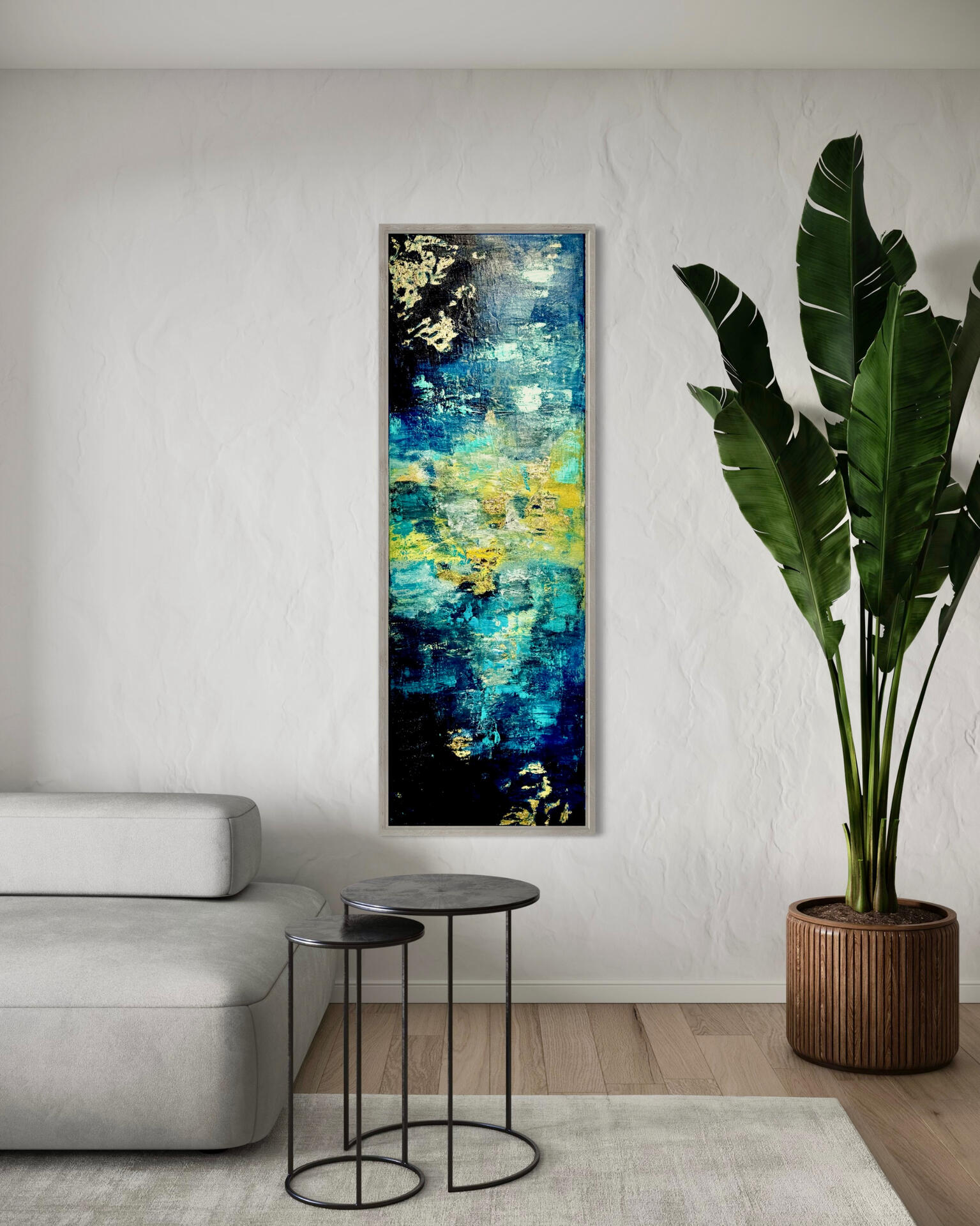 SOLD-“Reflection”-The cool blues and turquoise flow together, reminiscent of serene waters reflecting a clear sky. Gold leaf brings a touch of opulence, catching the light and creating a dynamic visual experience that shifts throughout the day.