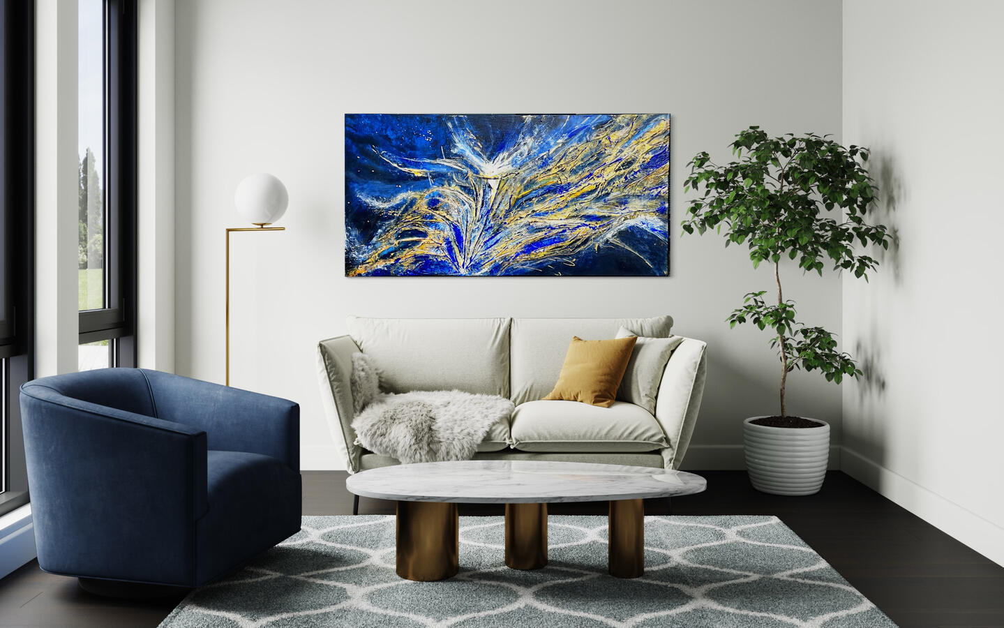 SOLD-“Blinkin- Blu”- textured mixed media abstract artwork that powerfully embodies the energy and awe of a lightning flash. This stunning piece features a striking palette of deep blues and crisp whites, accentuated by radiant gold elements.