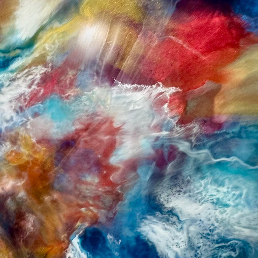 “August Horizons” The breathtaking beauty of "August Horizons," a stunning resin painting that captures the serene essence of a sunset over the ocean. Vibrant colours blend seamlessly, with warm oranges, reds and gold melting into deep blues and turquoise.